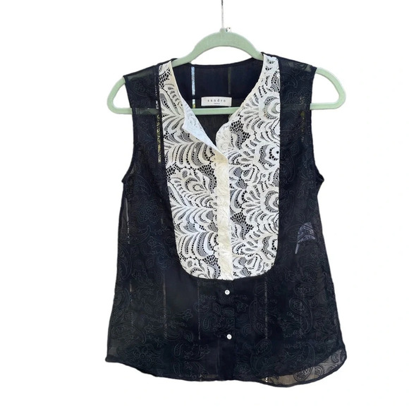 SANDRO PARIS LACE BUTTON DOWN BLOUSE - Picture 1 of 4